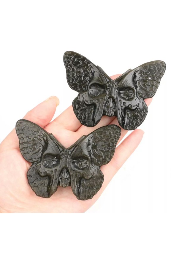 1X Butterfly Natural Gold Obsidian Quartz Hand Carved Skull Face Crystal Healing