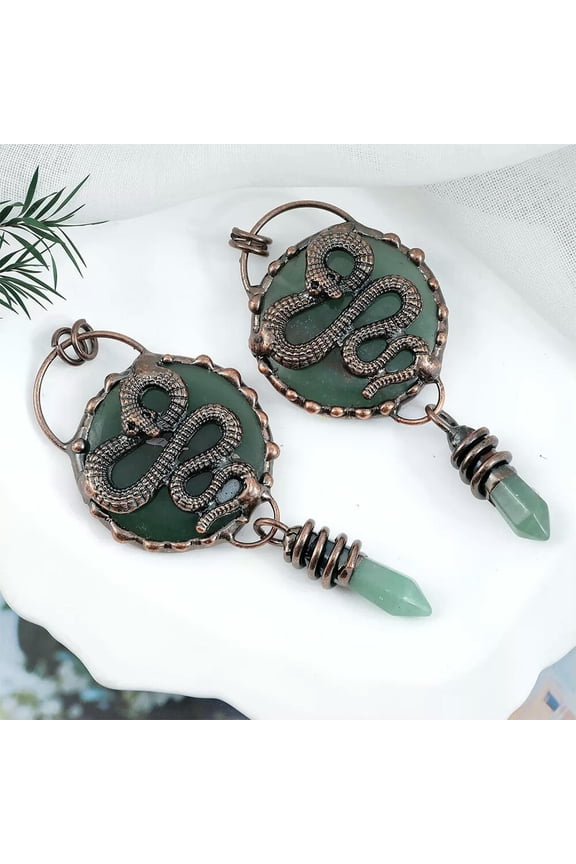 1X Natural Quartz Disc Hexagonal Green Aventurine Snake Pattern Welding Pendant