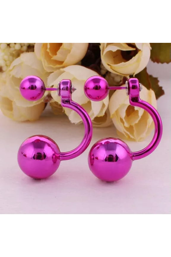 2 Pairs Metallic Color Acrylic Round Double Sided Ear Stud Front Back Earrings-I: Metallic Hot Pink