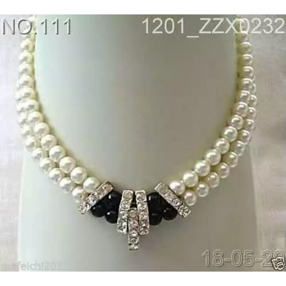 EOEMY 2 Rows White Akoya Cultured Pearl & Back Agate Necklace