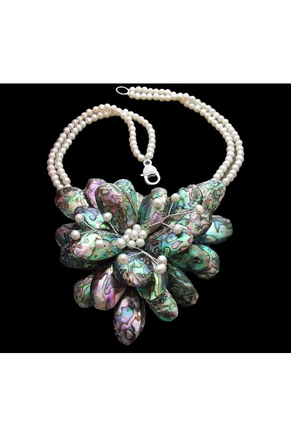 2 Strands Freshwater White Pearl Abalone Shell Flower Statement Necklace