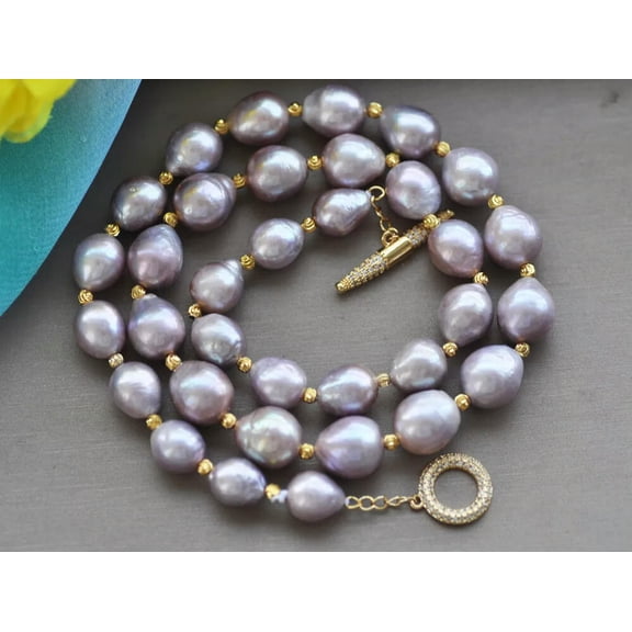 EOEMY 20" 12mm Almost Round Lavender Edison Keshi Pearl Necklace Cz