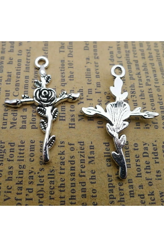 20 Tibet Silver Tone Alloy Rose Cross Charm Pendants 24X35mm Jewelry Making