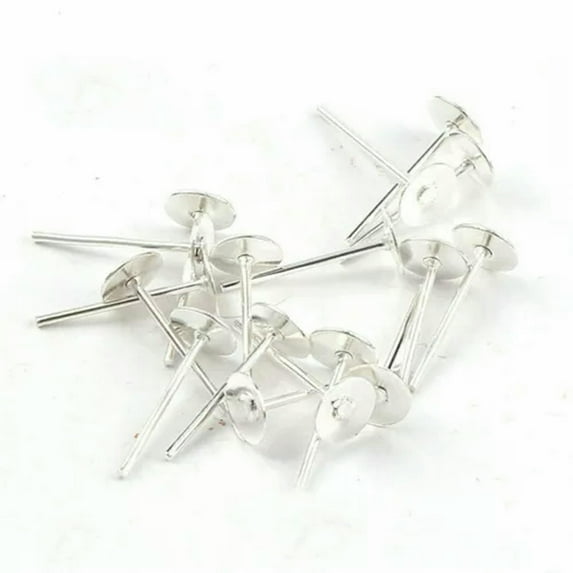 EOEMY 200 Flat Blank Pad 4mm 8mm 10mm Earring Ear Post Stud With Stopper Findings-4mm-Bright Silver