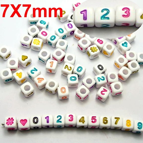 EOEMY 200 White With Colourful Assorted Number "#" Acrylic Cube Pony Beads 7X7mm