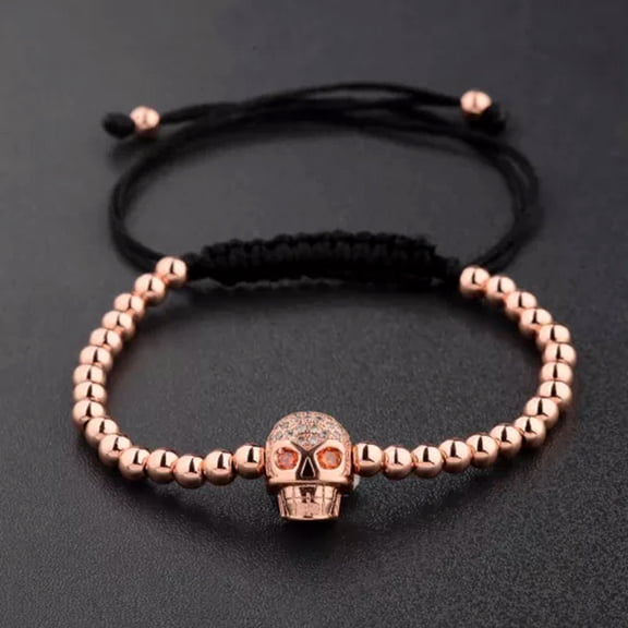 EOEMY 2020 Fashion Mens 18K Gold Plated Cz 4mm Beads Zircon Braided Macrame Bracelets-Rose Gold Skull