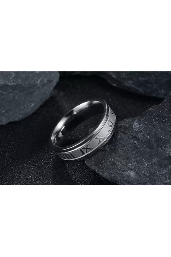 2023 Vintage Roman Numerals Men Rings Fashion 6mm Stainless Steel Rings Jewelry-Silver-12