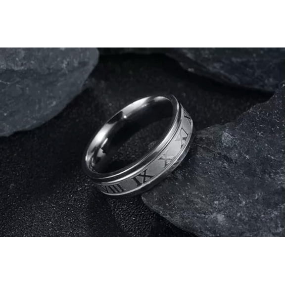 EOEMY 2023 Vintage Roman Numerals Men Rings Fashion 6mm Stainless Steel Rings Jewelry-Silver-8