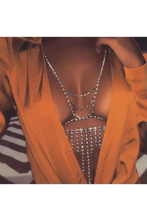 2023 Women Fashion Body Chain Necklace Sexy Diamond Bra Chain Bikini Body Chain-Silver