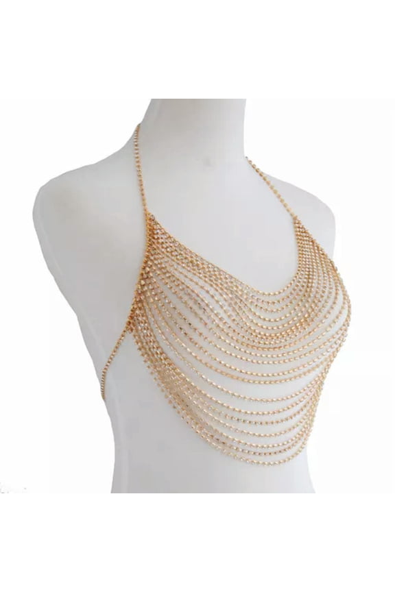 2023 Women'S Sexy Fashion Flash Diamond Body Dress Chain Nightclub Necklace-Gold