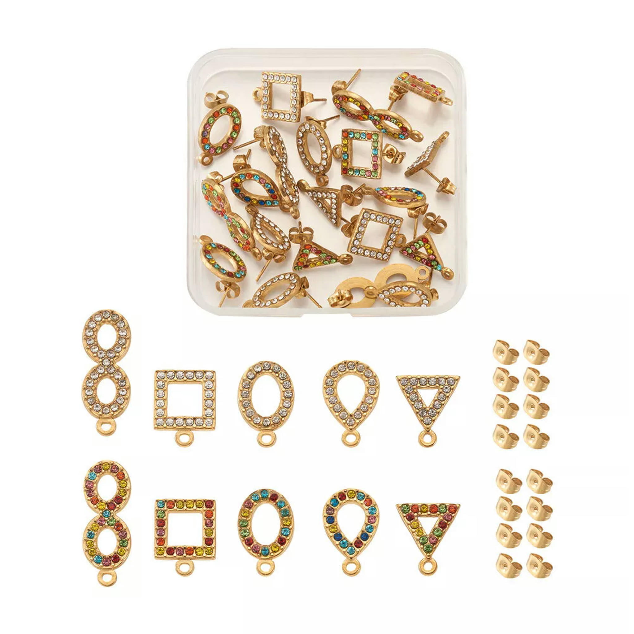 EOEMY 20Pc Geometry 304 Stainless Steel Rhinestone Post Stud Earring With Earring Back