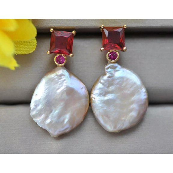 EOEMY 22mm Lavender Coin Freshwater Pearl Ruby Dangle Earring Cz