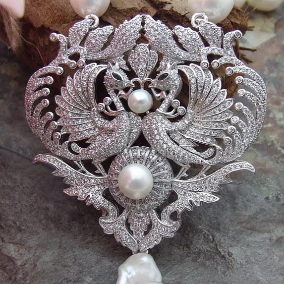 EOEMY 24'' 14X26mm White Rice Pearl Necklace Cz Pendant