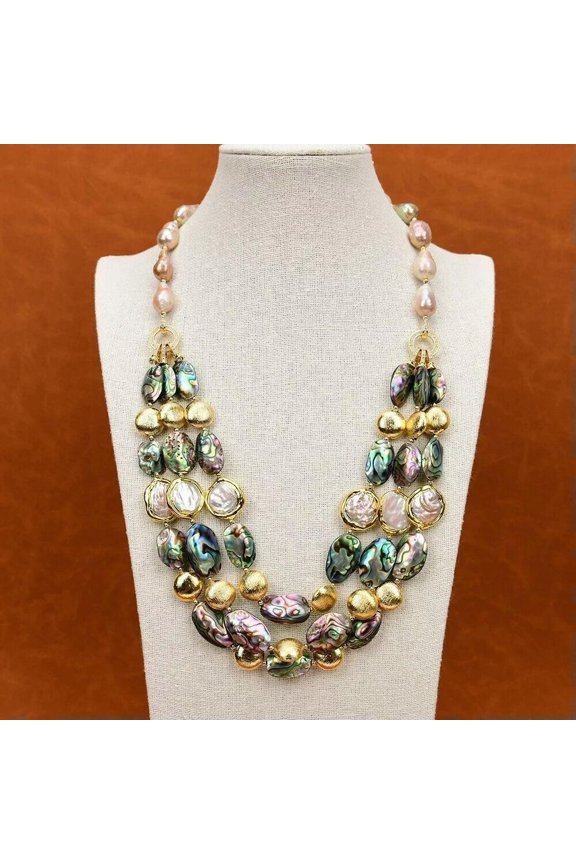 24'' 3 Rows Natural Fancy Abalone Shell Pink Keshi Pearl Brushed Beads Necklace