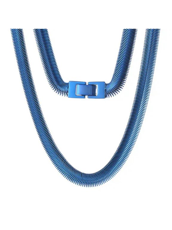24" 8mm Fashion 316L Stainless Steel Flat Snake Chain Necklace Women Men Gift-Blue