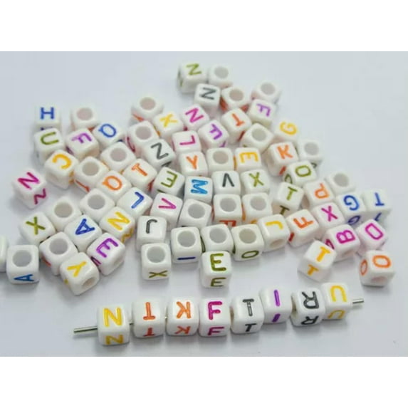 EOEMY 250 Assorted Alphabet Letter Acrylic Cube Pony Beads 6X6mm Jewelry Kids Craft-3-6# White With Color