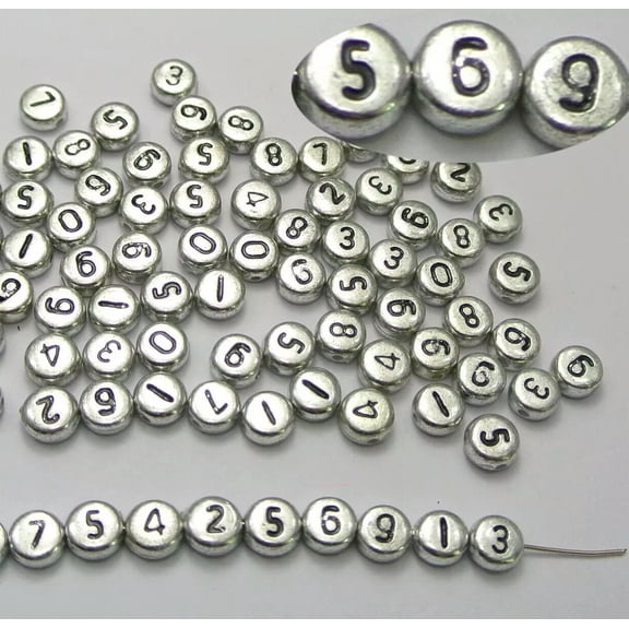 EOEMY 250 Metallic Silver Assorted Number "0-9" Acrylic Coin Beads 4X7mm