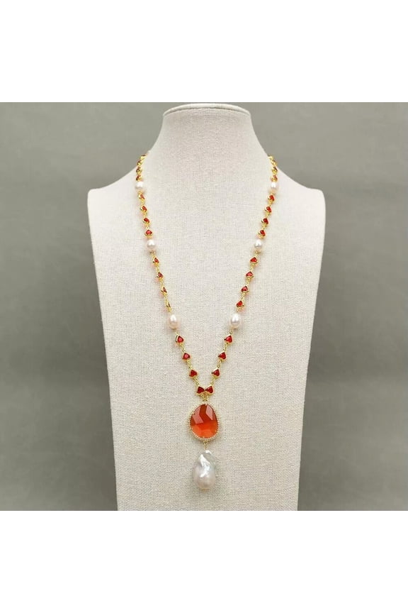 26'' White Rice Pearl Crystal Chain Necklace Orange Cat Eye Keshi Pearl Pendant