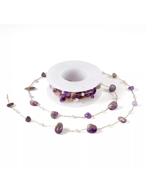 2M Natural Amethyst Chips Abs Plastic Imitation Pearl Beaded Chains 3mm 5~15mm