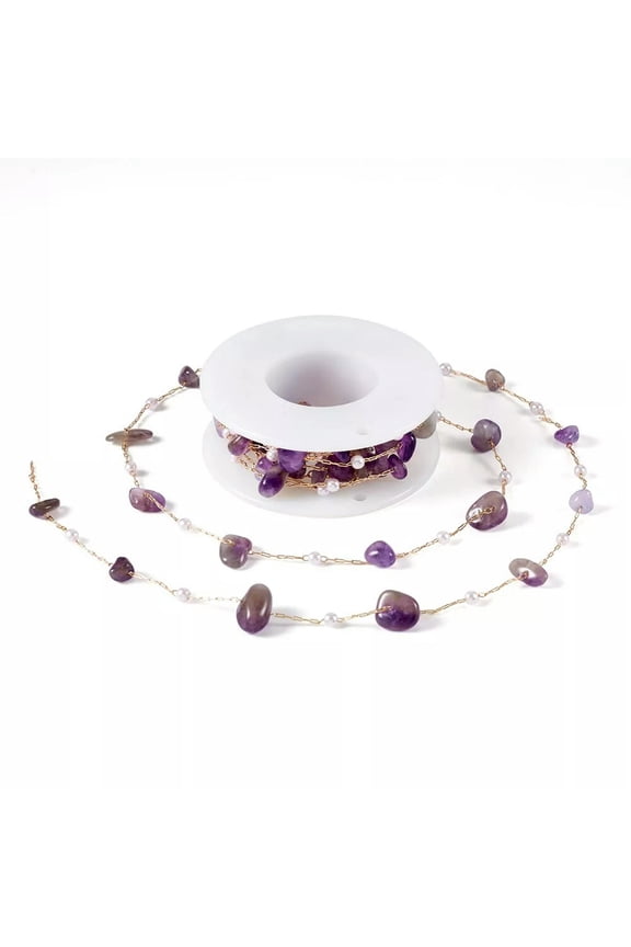 2M Natural Amethyst Chips Abs Plastic Imitation Pearl Beaded Chains 3mm 5~15mm