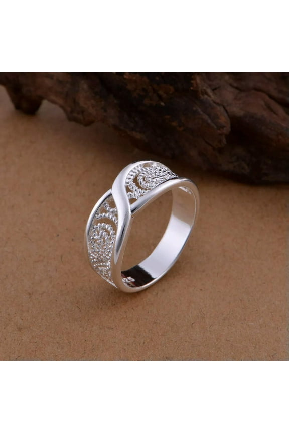 2Pcs Fashion 925 Sterling Solid Silver Jewelry Hollow Flower Ring For Women-Default