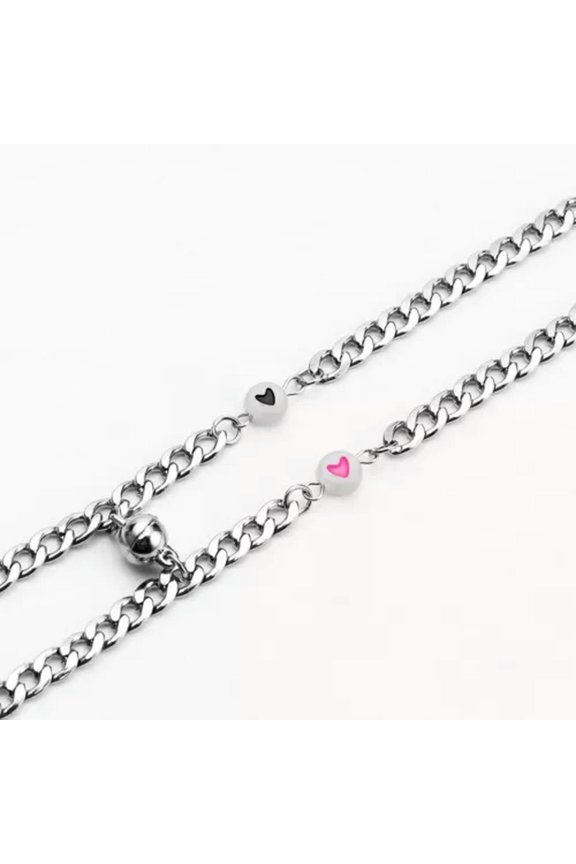 2Pcs Luminous Heart Magnetic Attract Bracelet Couples Bangle Men Women Jewelry-Black+Pink