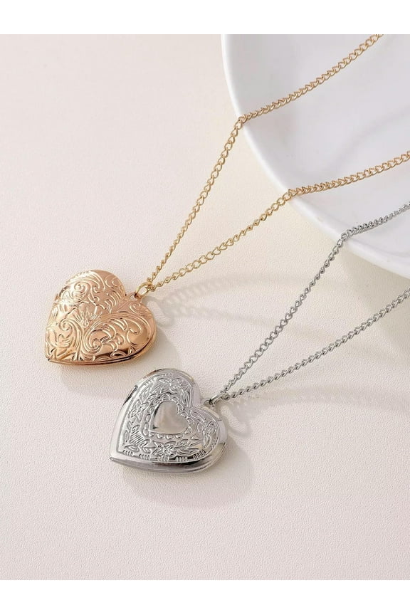 2Pcs Mixed Heart Design Photo Locket Charm Necklace For Couples Friendship-Default