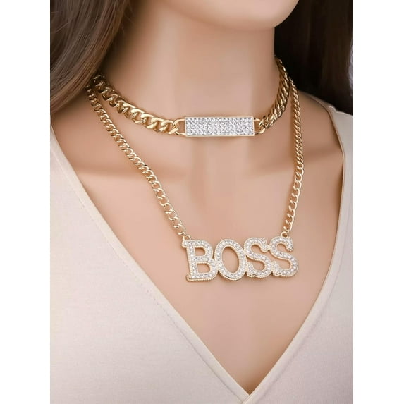 EOEMY 2Pcs Rhinestone Boss Word Decor Necklace Creative Necklace For Women Fashion-Default