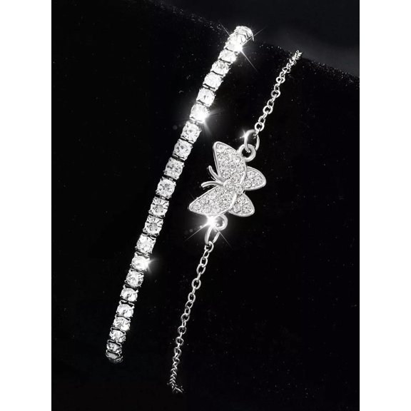 EOEMY 2Pcs Rhinestone Butterfly Decor Bracelet Fashion Jewelry Accessories For Women-Default
