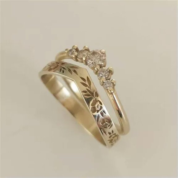 EOEMY 2Pcs/Set Women Alloy Ring Diamond Crystal V-Shaped Crown Wreath Flower Size 6-10-Gold-9