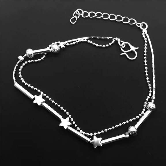 EOEMY 2Pcs Sexy 925Sterling Silver 2 Layers Star Beads Women'S Anklets Bracelet 8.8"
