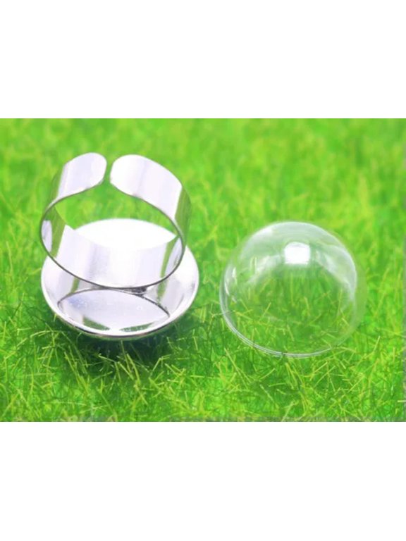 2Pcs Silver Tone Adjustable Ring With Glass Terrarium 1/2 Bottle 10mm-20mm-16mm-2 Pcs