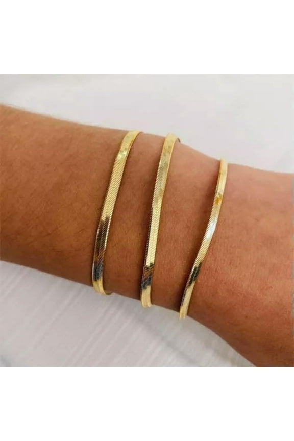 3/4/5mm Woman 14K Gold Plated Herringbone Flat Snake Chain Bracelet Bangle 7-9''-Silver-3mm-9 In