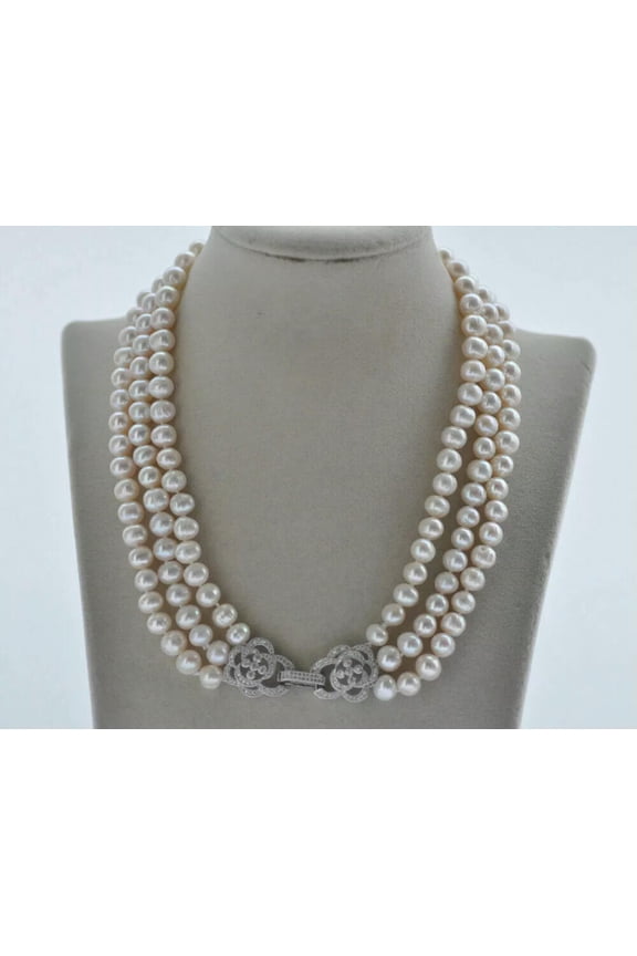 3 Rows 19" 9mm White Round Freshwater Pearl Necklace Cz For Women