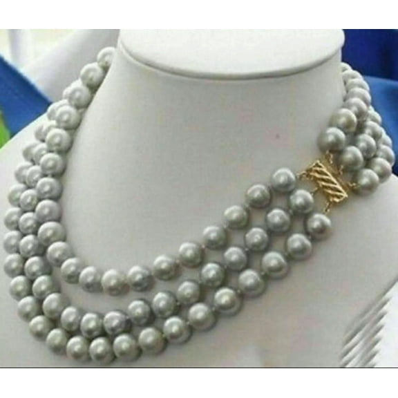 EOEMY 3 Rows 7-8mm Genuine Natural South Sea Gray Freshwater Pearl Necklace 18-20"