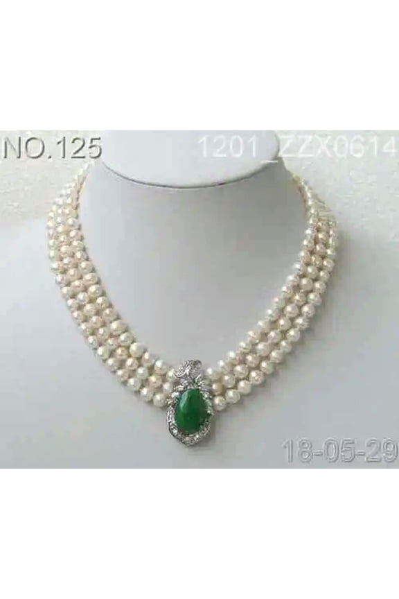 3 Rows Genuine 7-8mm White Pearl Emerald Jade Pendant Necklace