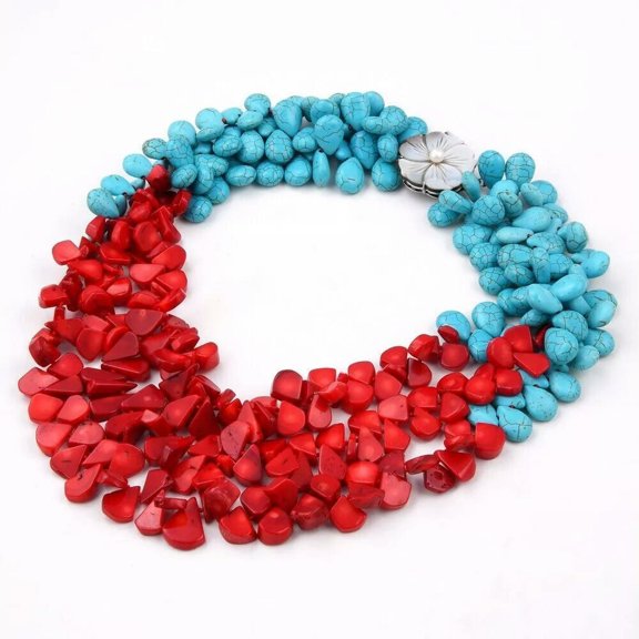EOEMY 3 Rows Natural Red Coral Blue Teardrop Turquoise Stone Necklace Handmade