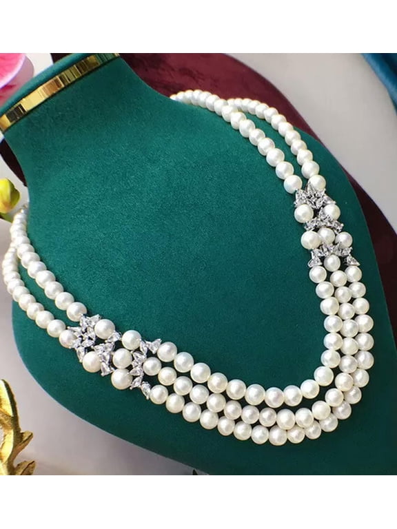 3 Strand Natural 8-9mm White Freshwater Pearl Necklace 18-20" Cz Clasp