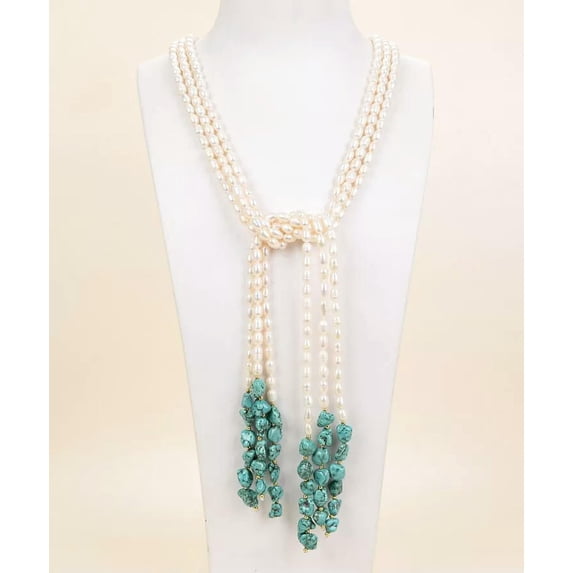 EOEMY 3 Strands 44" Freshwater White Sridce Pearl Blue Turquoise Lariat Necklace