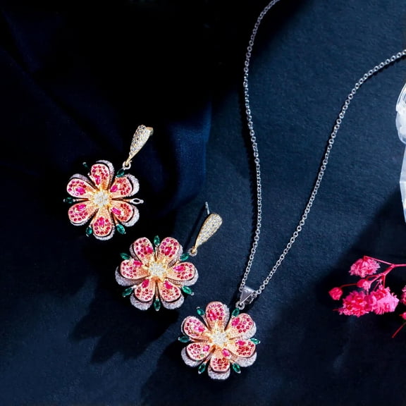 EOEMY 3 Tone Gold Multicolor Cz Necklace Earrings Summer Party 3D Flower Jewelry Set