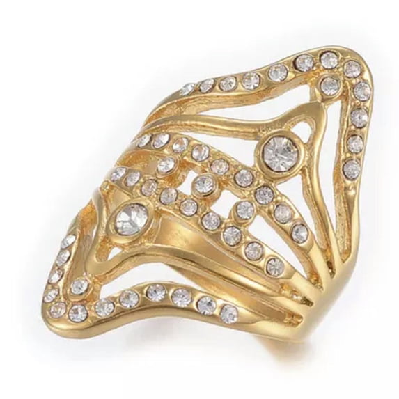 EOEMY 304 Stainless Steel Rhinestone Ring Wide Band Rings Hollow Gold Size 7 17mm Z707-8