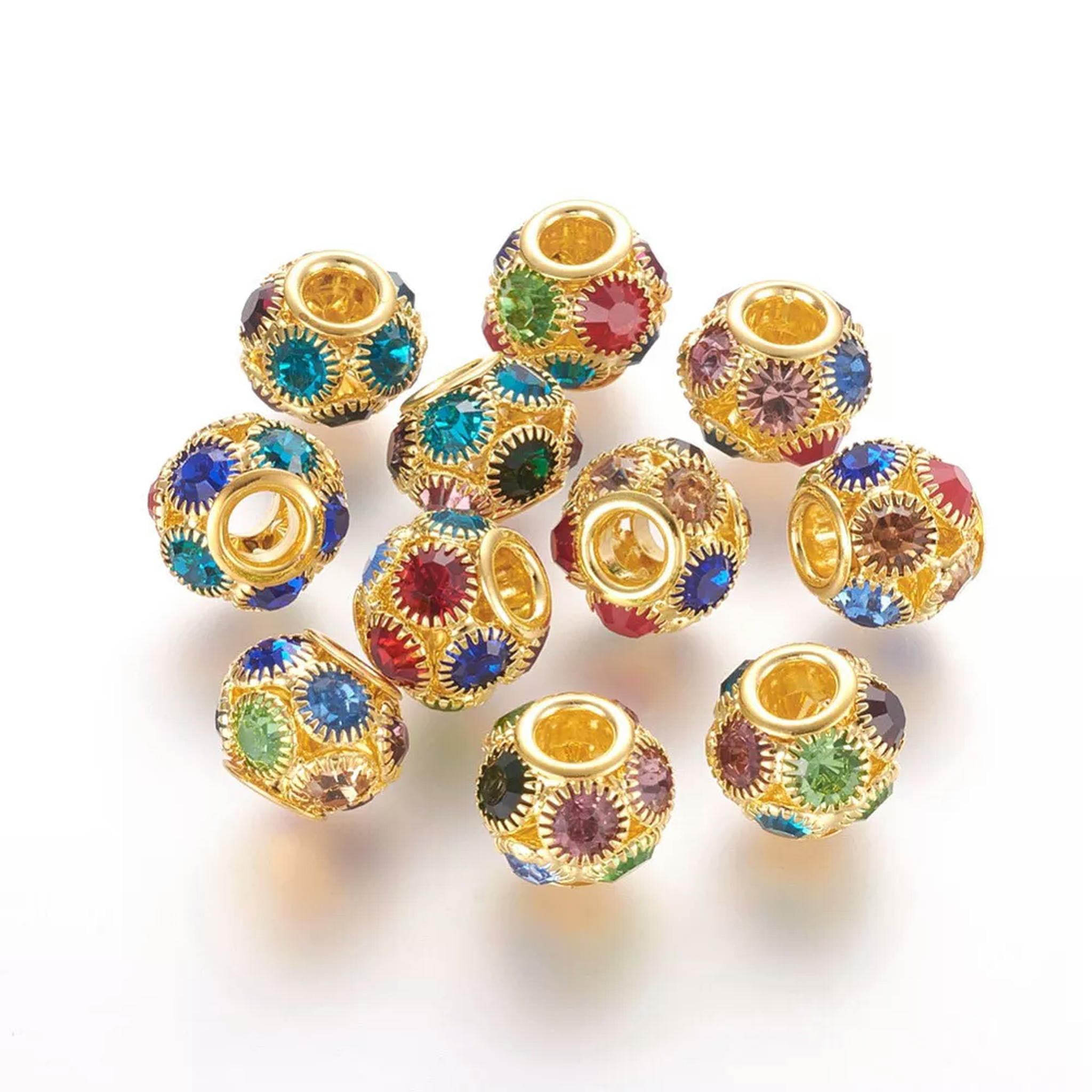 EOEMY 30Pc 12mm Colorful Rondelle Brass Rhinestone Large Hole Beads Metal Loose Spacer