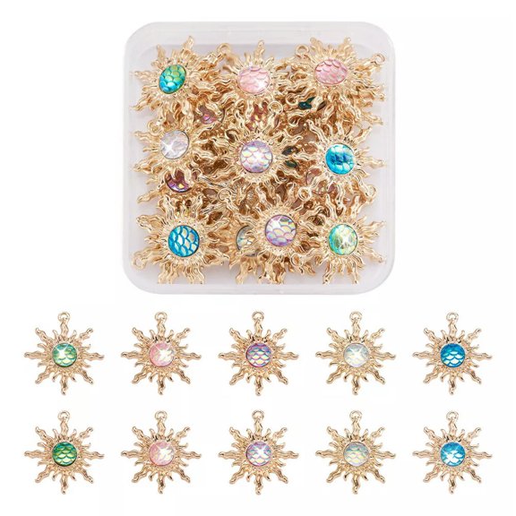 EOEMY 30Pcs Mermaid Fish Dragon Scale Alloy Plastic Pendants Sun Dangle Charms 29X27mm