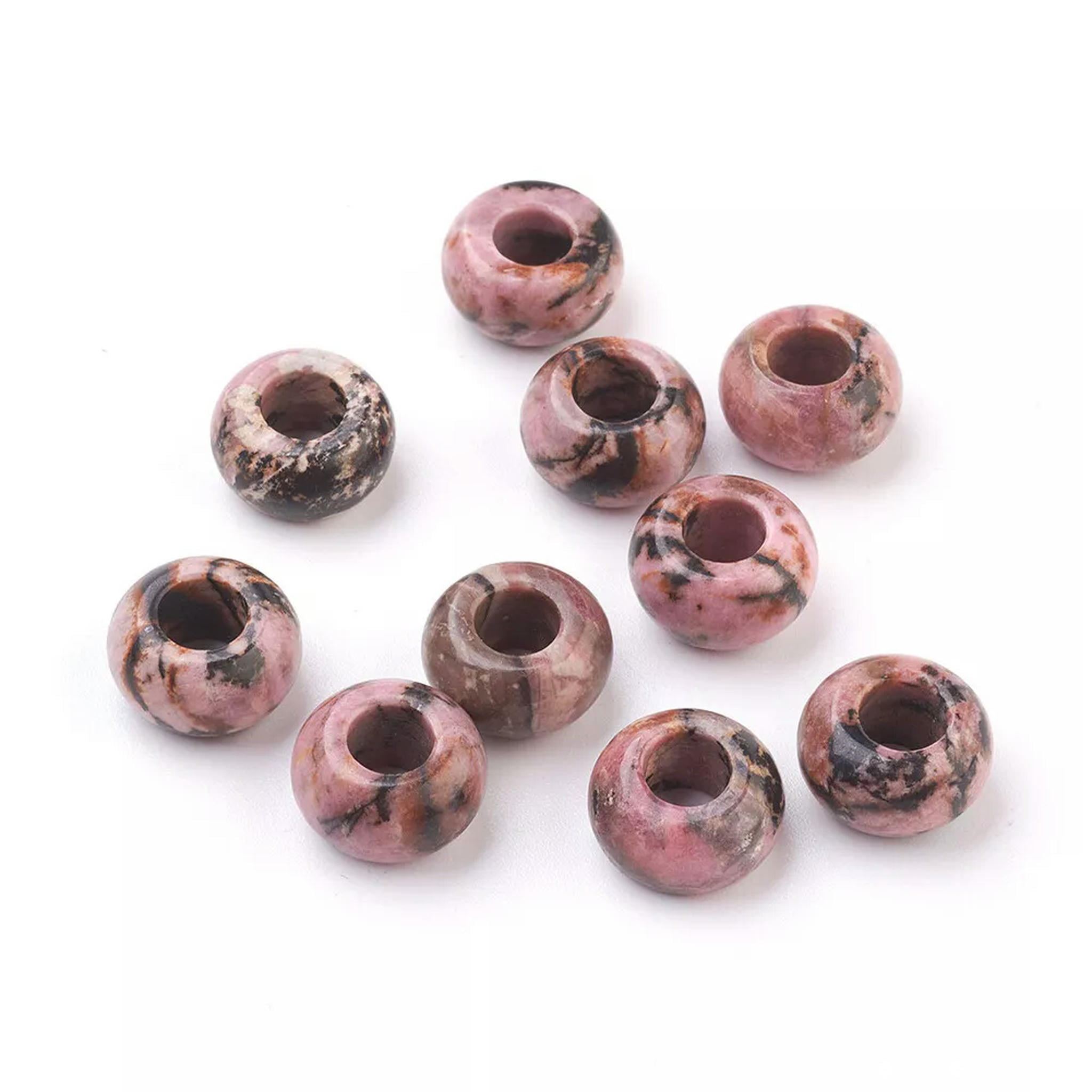 EOEMY 30Pcs Natural Rhodonite European Large Hole Rondelle Beads Loose Spacer 14X8mm