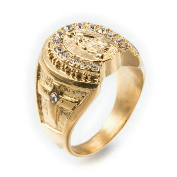 EOEMY 316 Stainless Steel Rhinestone Wide Band Rings Virgin Mary Gold Size Z697-10