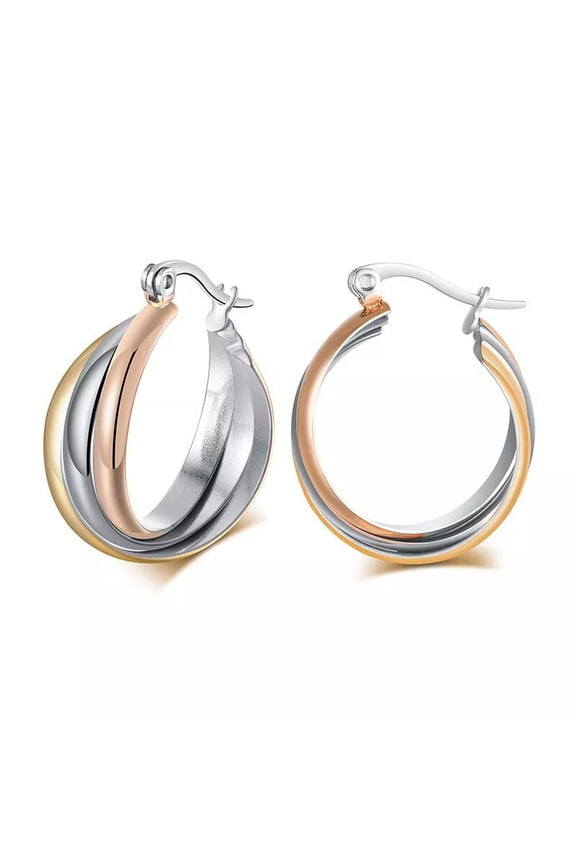 316L Stainless Steel Triple Tone Tri-Roll Links Ear Hoop Women'S Earrings Buckle