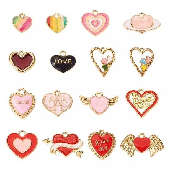 EOEMY 32Pcs 16 Styles Alloy Enamel Pendants Heart Charm Jewelry Making 12~19X12~23.5mm