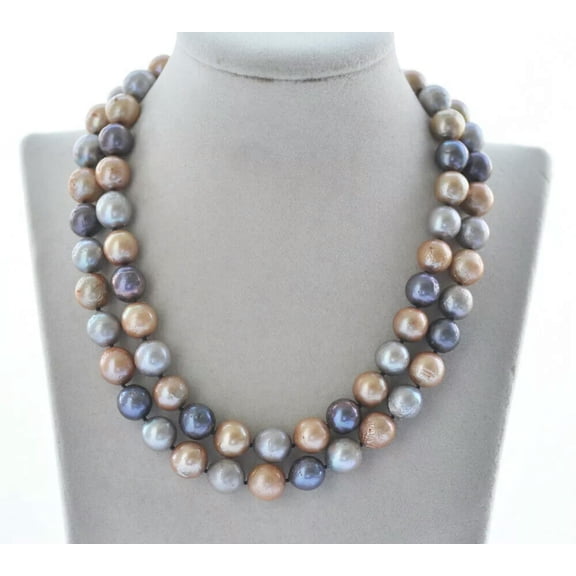 EOEMY 34" 11-12mm Round Black Gray Champagne Edison Keshi Pearl Necklace