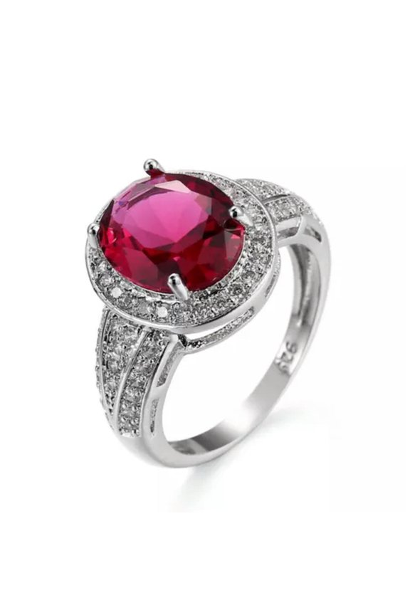 3Ct Oval Cut Rose Red Aaa Cz Band Women'S Engagement 925 Silver Ring Size 6-10