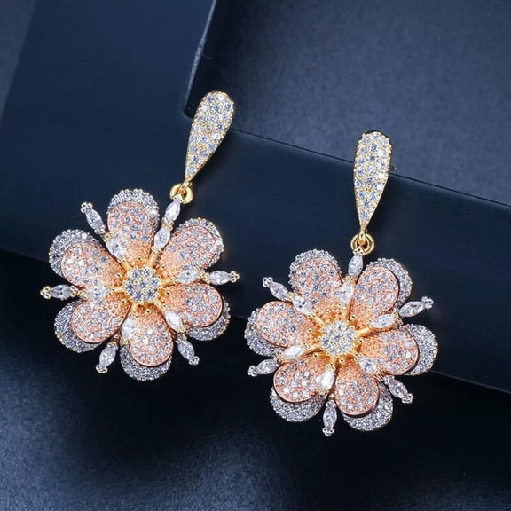 EOEMY 3D Flower Cubic Zirconia Rose Gold Dangling Drop Earrings Luxury Party Jewelry